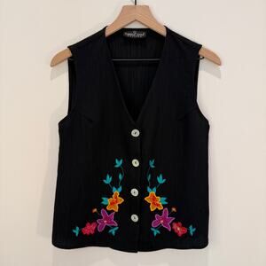 Vintage Carole Little Vest Petite Medium Embroidered Floral Black
